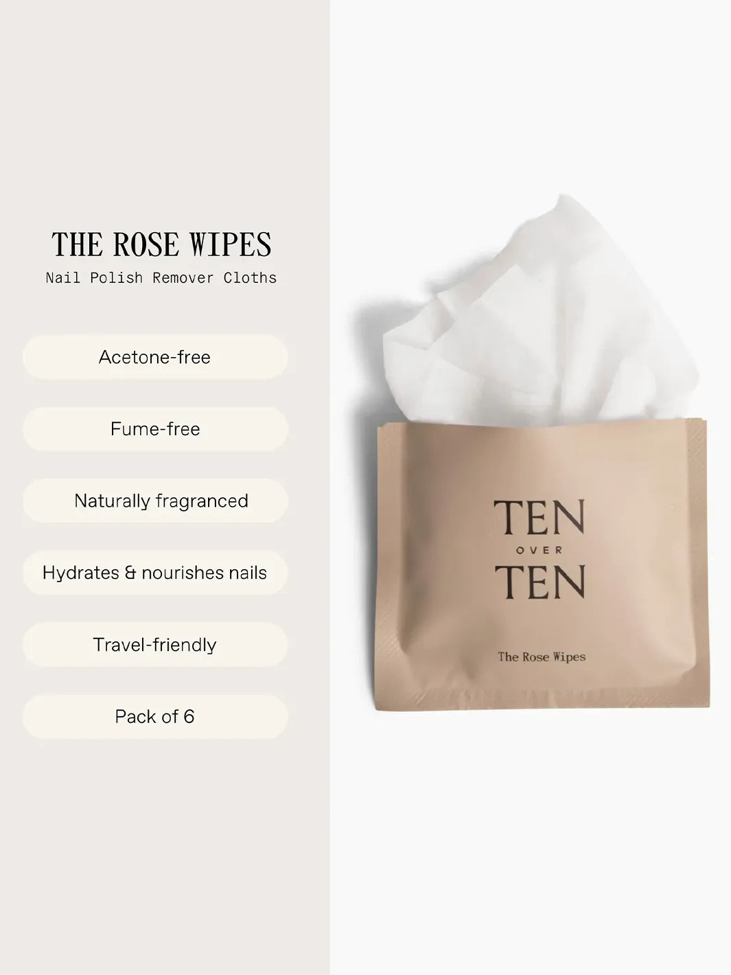 TENOVERTEN The Rose Wipes nail polish remover cloth with acetone-free, hydrating, and travel-friendly benefits | Twentyseven Toronto