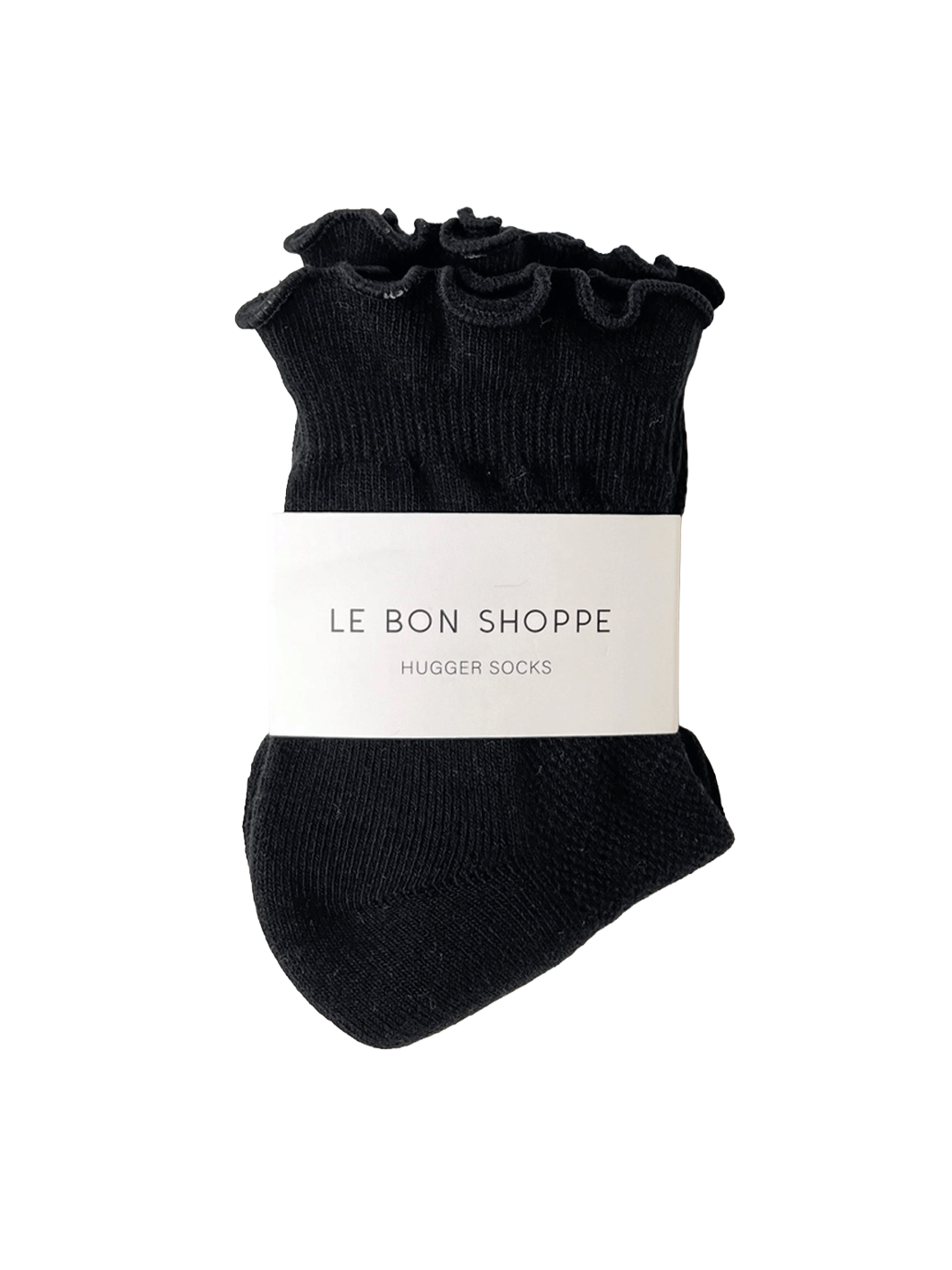 Le Bon Shoppe Ruffler Hugger Crew Socks in Black/Black with ruffled cuffs and branded packaging  Twentyseven Toronto