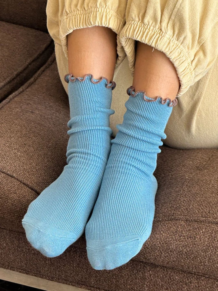 Le Bon Shoppe Ruffled Modal Socks in Powder Blue / Brown Edge | Twentyseven Toronto