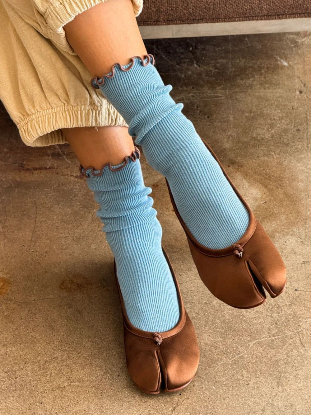 Le Bon Shoppe Ruffled Modal Socks in Powder Blue / Brown Edge | Twentyseven Toronto