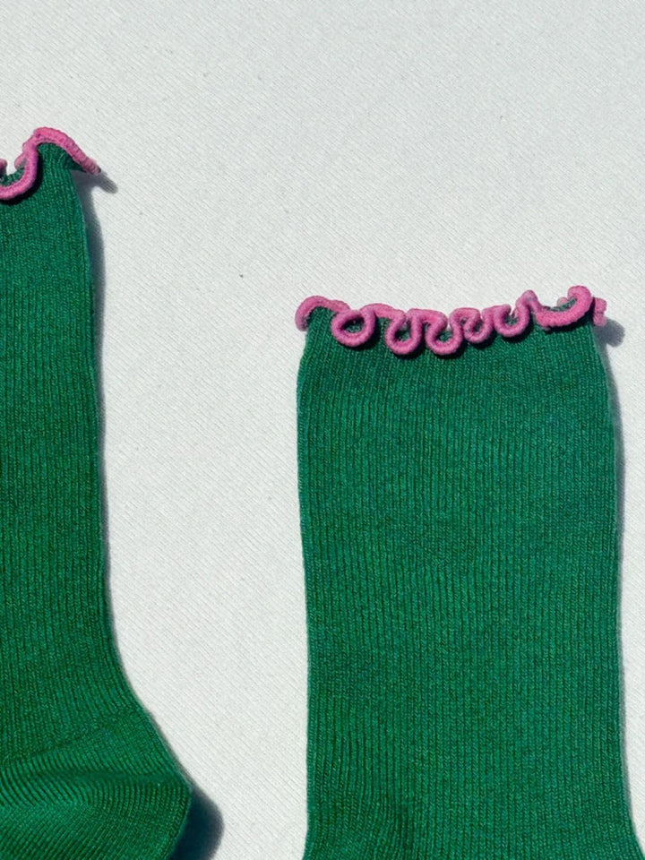 Le Bon Shoppe Ruffled Modal Socks in Spinach / Pink Edge | Twentyseven Toronto