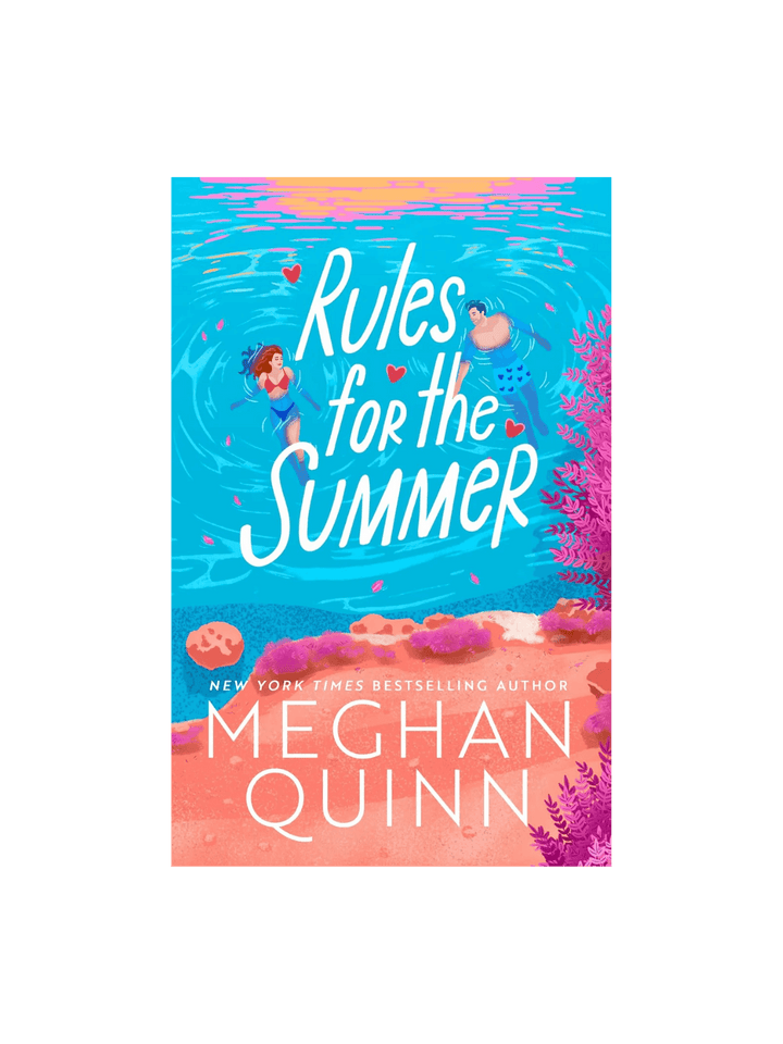 Book cover of 'Rules for the Summer' by Meghan Quinn with a beach scene and two characters | Twentyseven Toronto