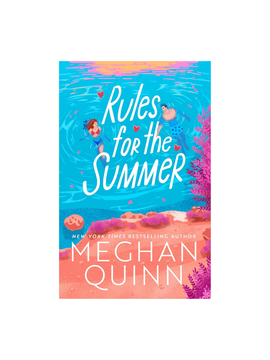 Book cover of 'Rules for the Summer' by Meghan Quinn with a beach scene and two characters | Twentyseven Toronto