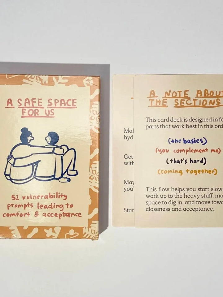 The instruction card explaining the four distinct sections sits next to the main box of the A Safe Space For Us Deck from People I've Loved | Twentyseven Toronto