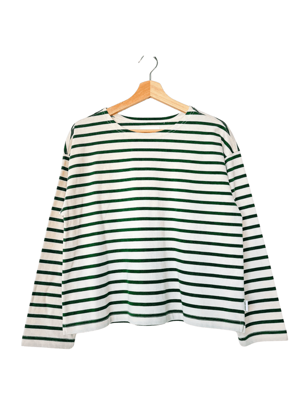Green and white striped 'Sailor Top' long sleeve shirt in 'Pine Stripe' style on a hanger against a transparent background | Twentyseven Toronto