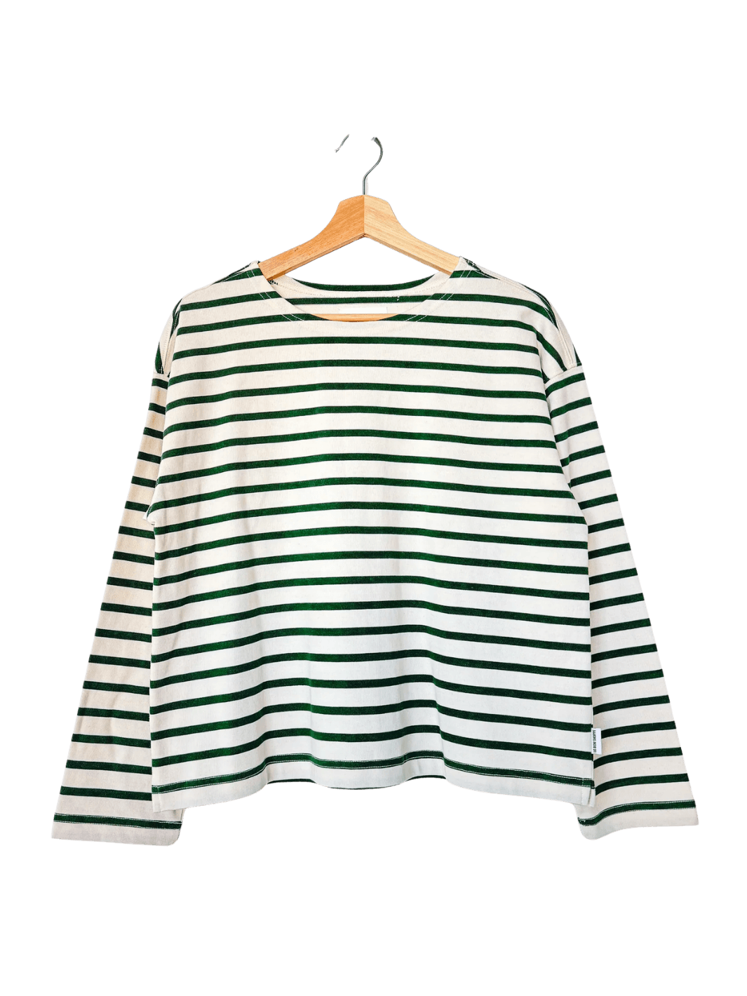 Green and white striped 'Sailor Top' long sleeve shirt in 'Pine Stripe' style on a hanger against a transparent background | Twentyseven Toronto