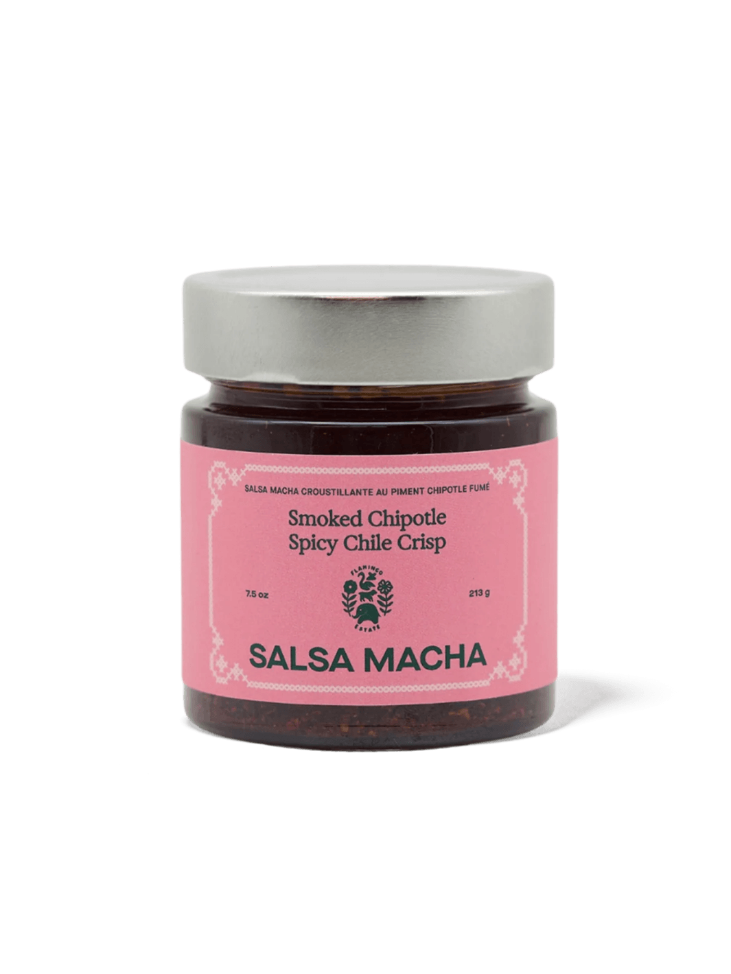 Studio product shot of a jar of Flamingo Estate Salsa Macha Chile Crisp with a pink label | Twentyseven