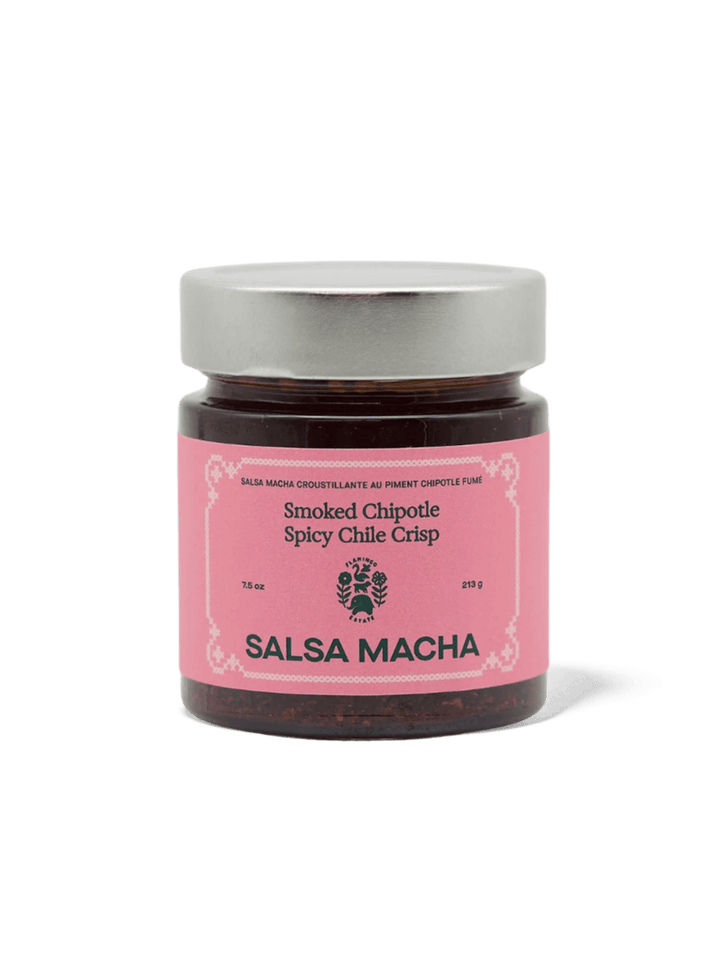 Studio product shot of a jar of Flamingo Estate Salsa Macha Chile Crisp with a pink label | Twentyseven