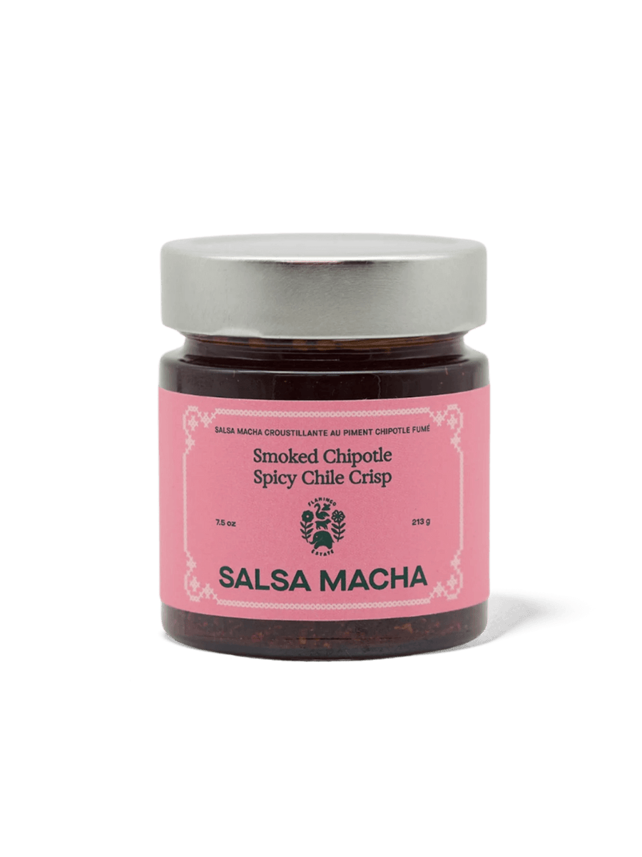 Studio product shot of a jar of Flamingo Estate Salsa Macha Chile Crisp with a pink label | Twentyseven