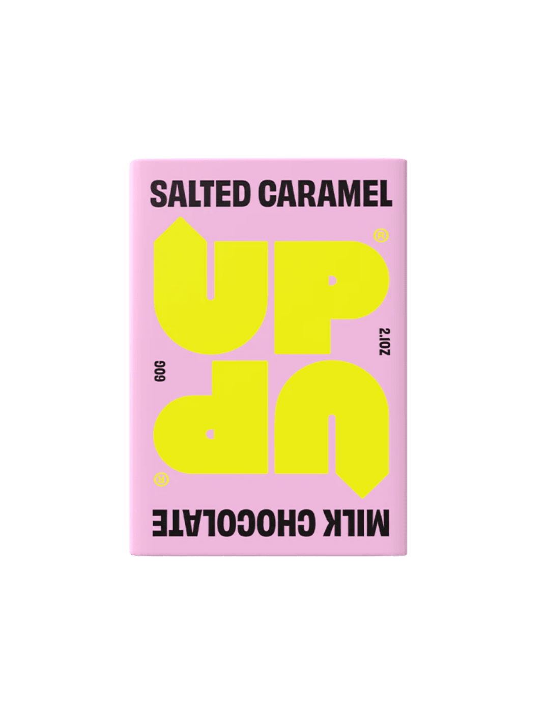 UP UP Chocolate Salted Caramel Milk Chocolate in pink and yellow packaging | Twentyseven Toronto