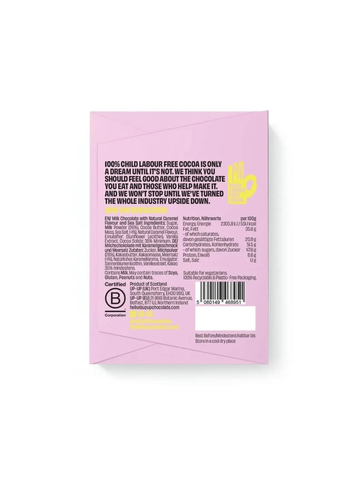 Back of Salted Caramel Milk Chocolate in pink packaging from 'Up Up Chocolate' with text and a yellow logo on a white background | Twentyseven Toronto