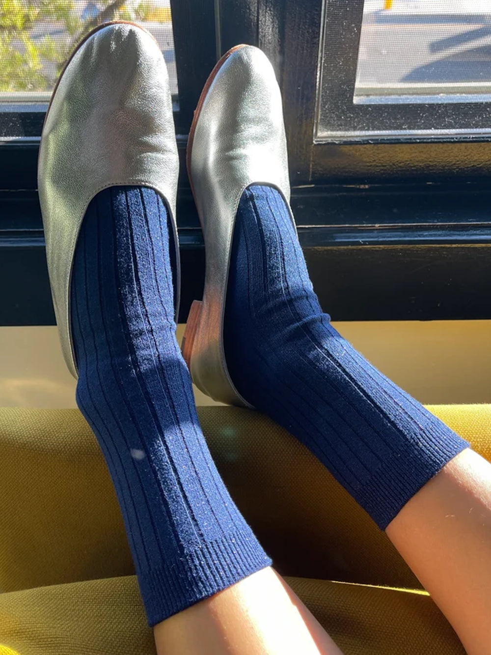 Le Bon Shoppe Her Socks Lurex in Sapphire Glitter styled with silver flats | Twentyseven Toronto