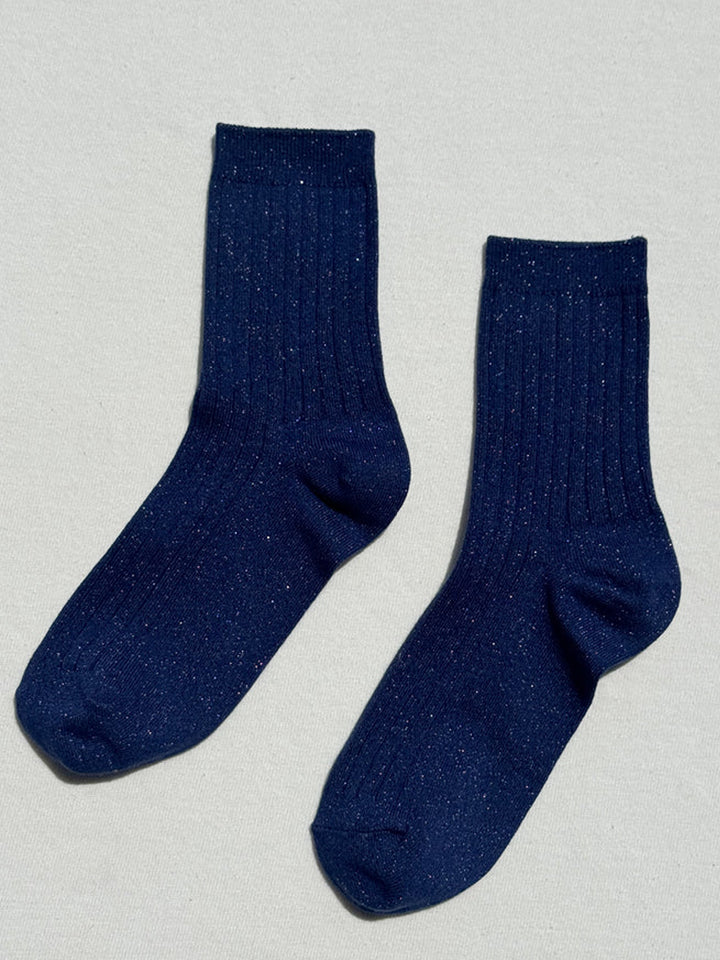 Pair of Le Bon Shoppe Her Socks Lurex in Sapphire Glitter featuring a deep blue ribbed texture and metallic shimmer | Twentyseven Toronto