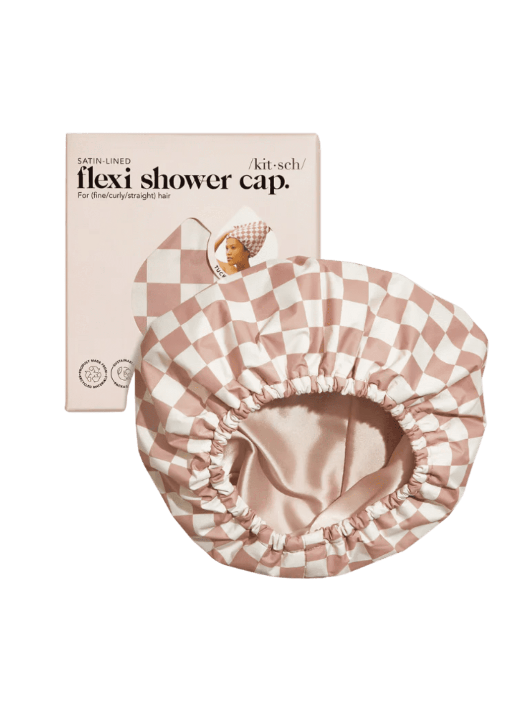 KITSCH Satin Lined Flexi Shower Cap - Terracotta Checker | Twentyseven Toronto