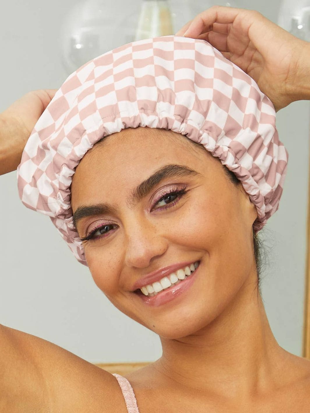 KITSCH Satin Lined Flexi Shower Cap - Terracotta Checker | Twentyseven Toronto