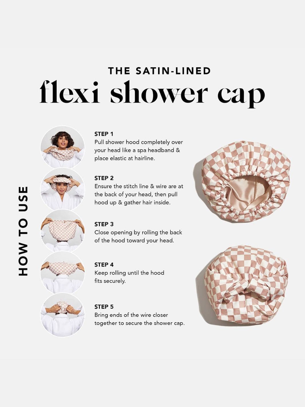 KITSCH Satin Lined Flexi Shower Cap - Terracotta Checker | Twentyseven Toronto