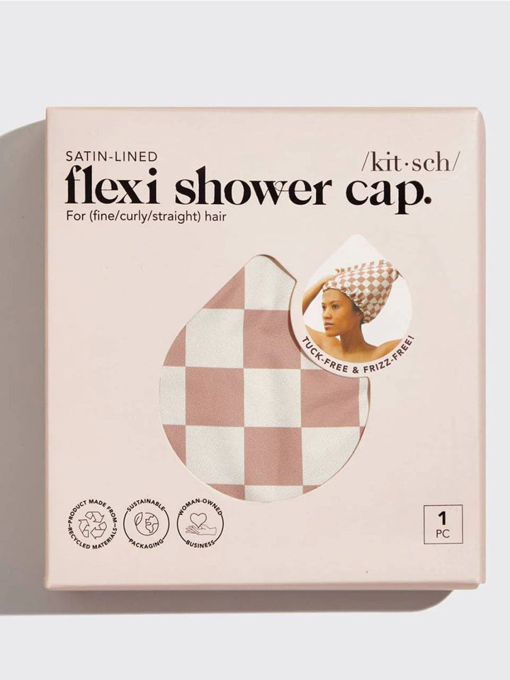 KITSCH Satin Lined Flexi Shower Cap - Terracotta Checker | Twentyseven Toronto