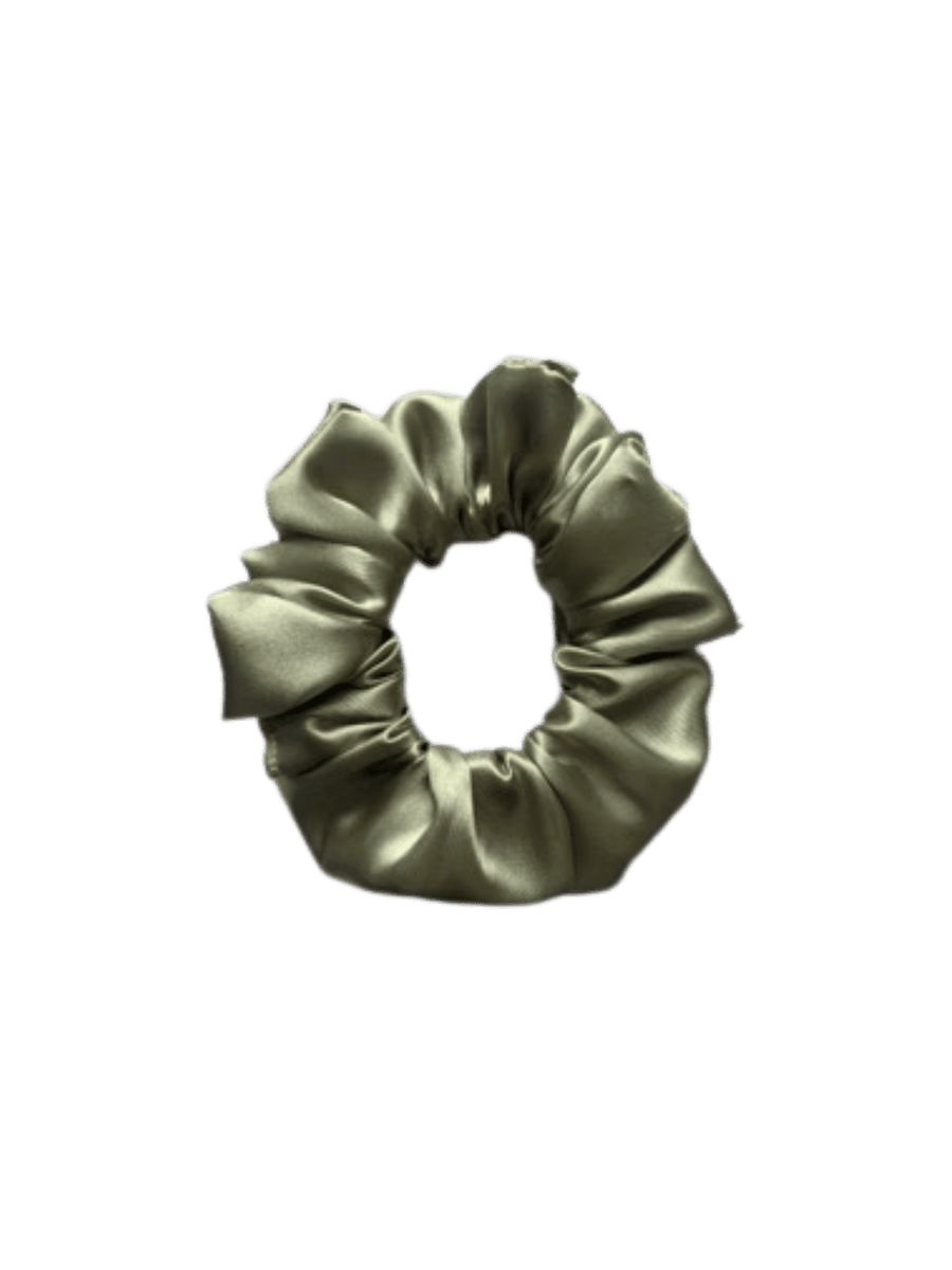 Light green satin scrunchie in 'Seaweed' on a transparent background | Twentyseven Toronto