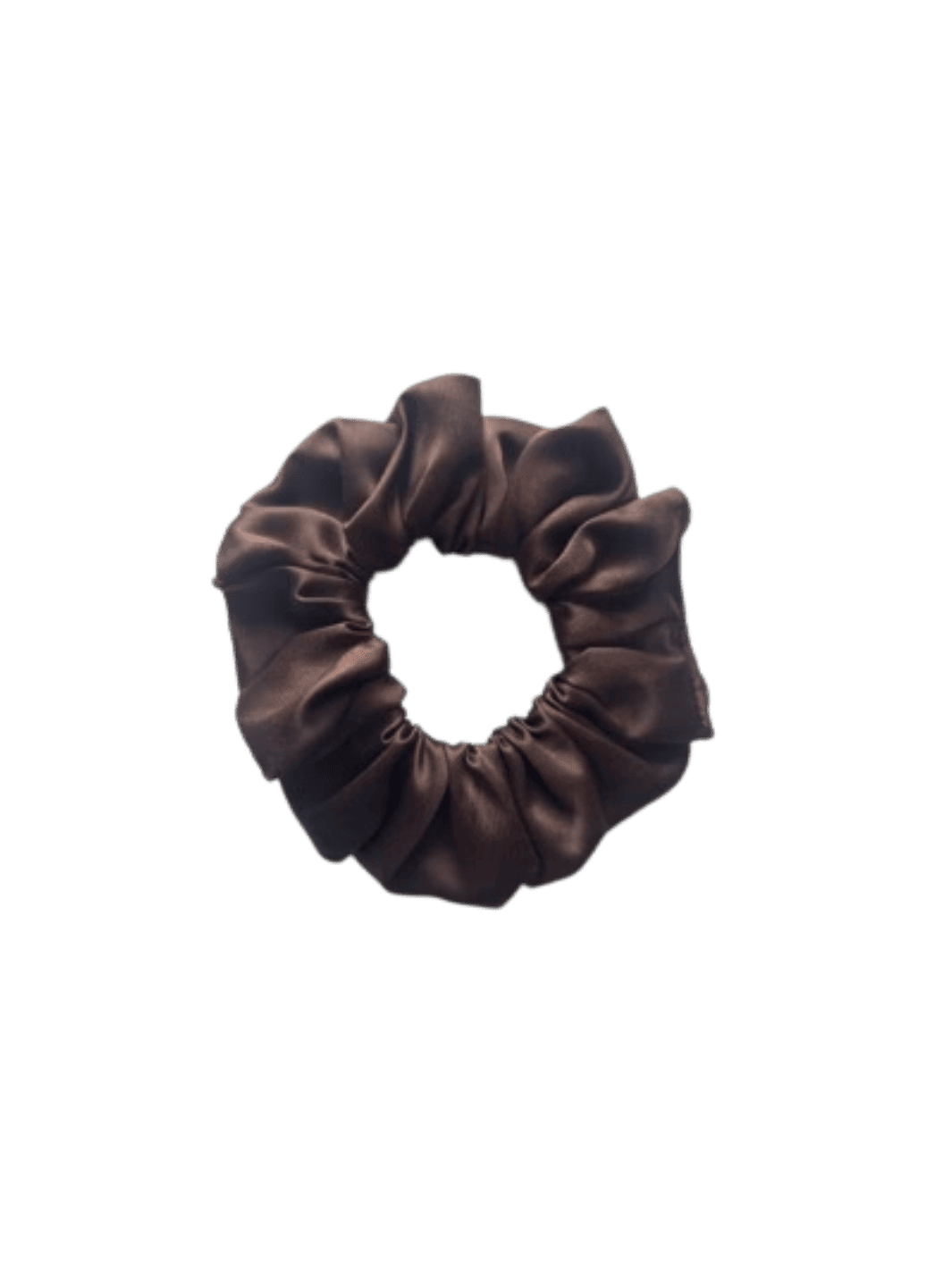 Brown satin scrunchie in 'Walnut'  on a transparent background | Twentyseven Toronto