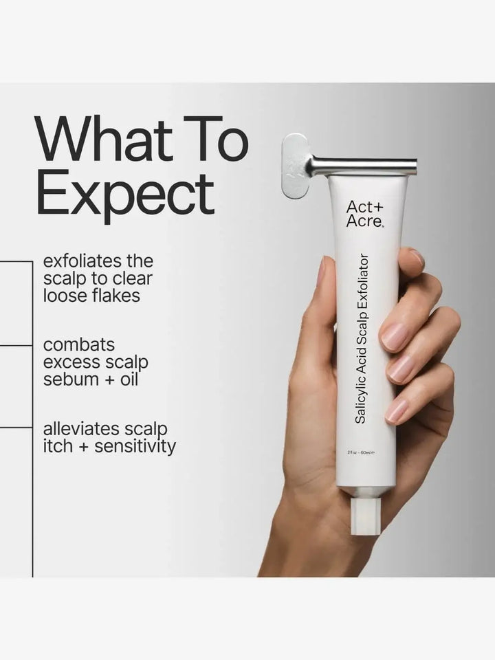 Hand holding a tube of Act+Acre BHA Salicylic Acid Scalp Exfoliator Scalp Renew with text detailing benefits on a gray background | Twentyseven Toronto