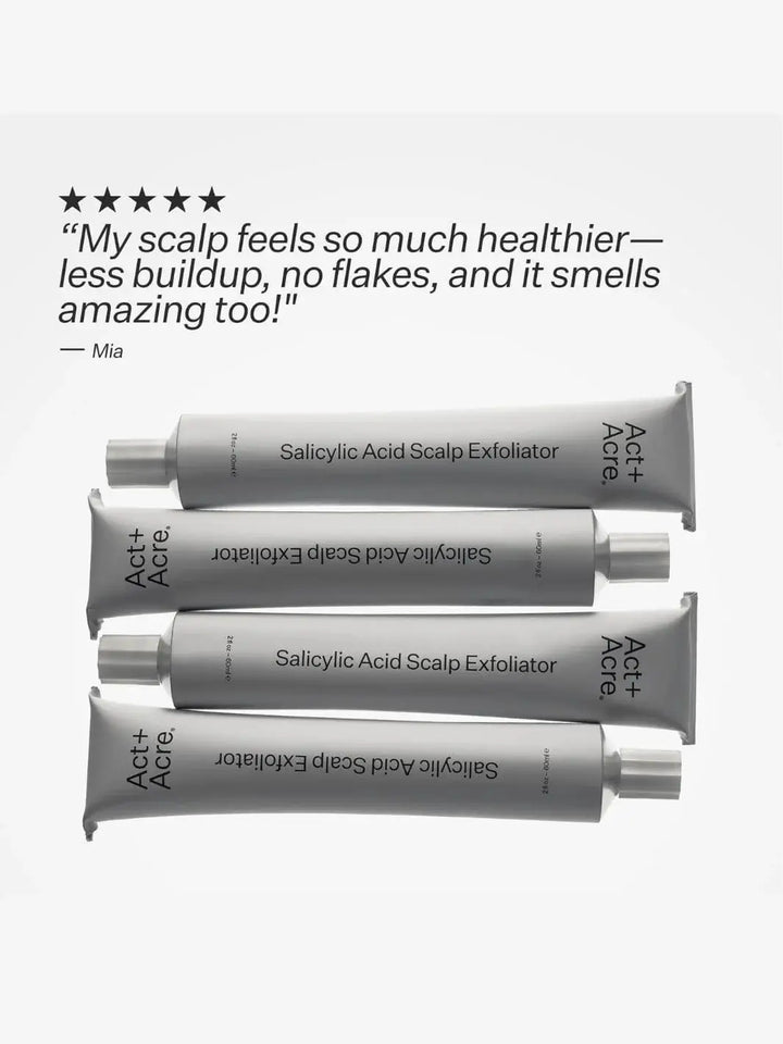 Four tubes of Act+Ace Salicylic Acid Scalp Exfoliator on a white background with a five star customer testimonial above | Twentyseven Toronto