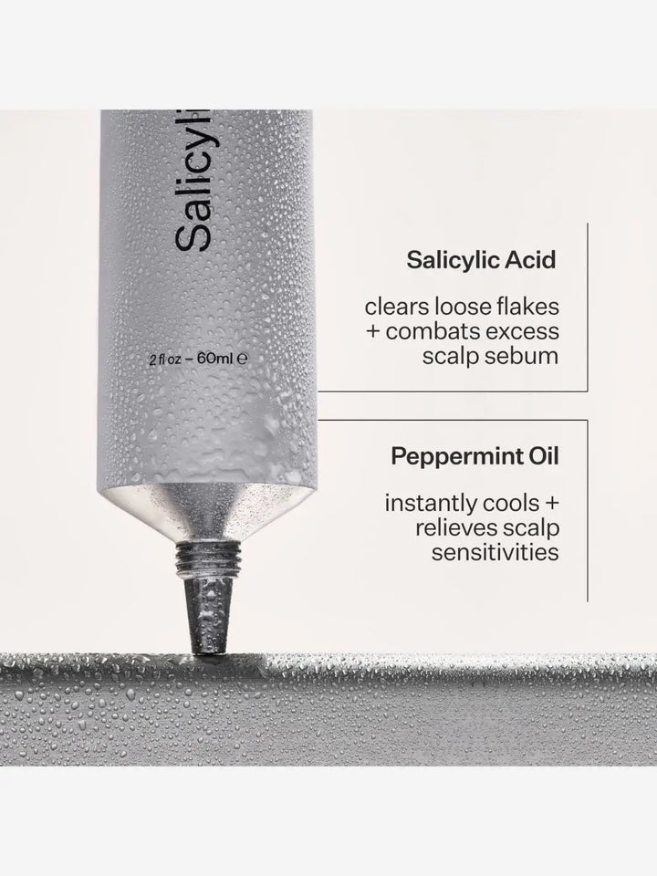 Act+Acre Scalp Exfoliator highlighting Salicylic Acid and Peppermint Oil ingredient benefits text on a white background | Twentyseven Toronto