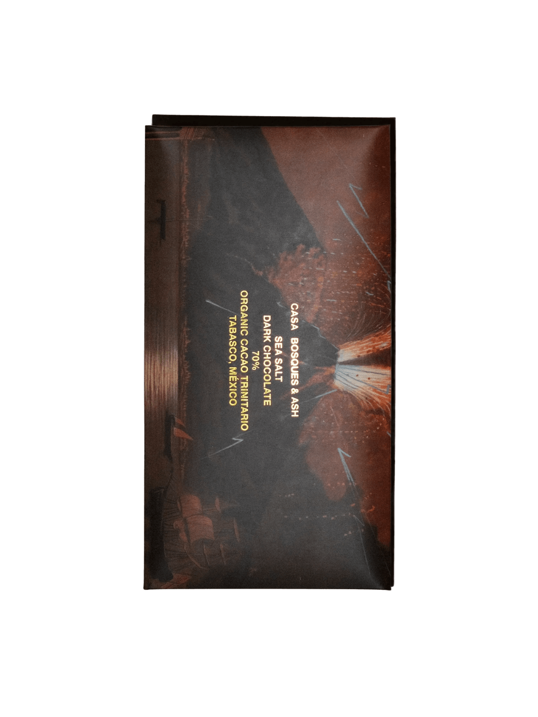 A vertical chocolate wrapper featuring a dramatic illustration of a volcanic eruption at night with gold text labeled 'Sea Salt 70% - Ash Chocolate Bar' from Casa Bosques | Twentyseven Toronto