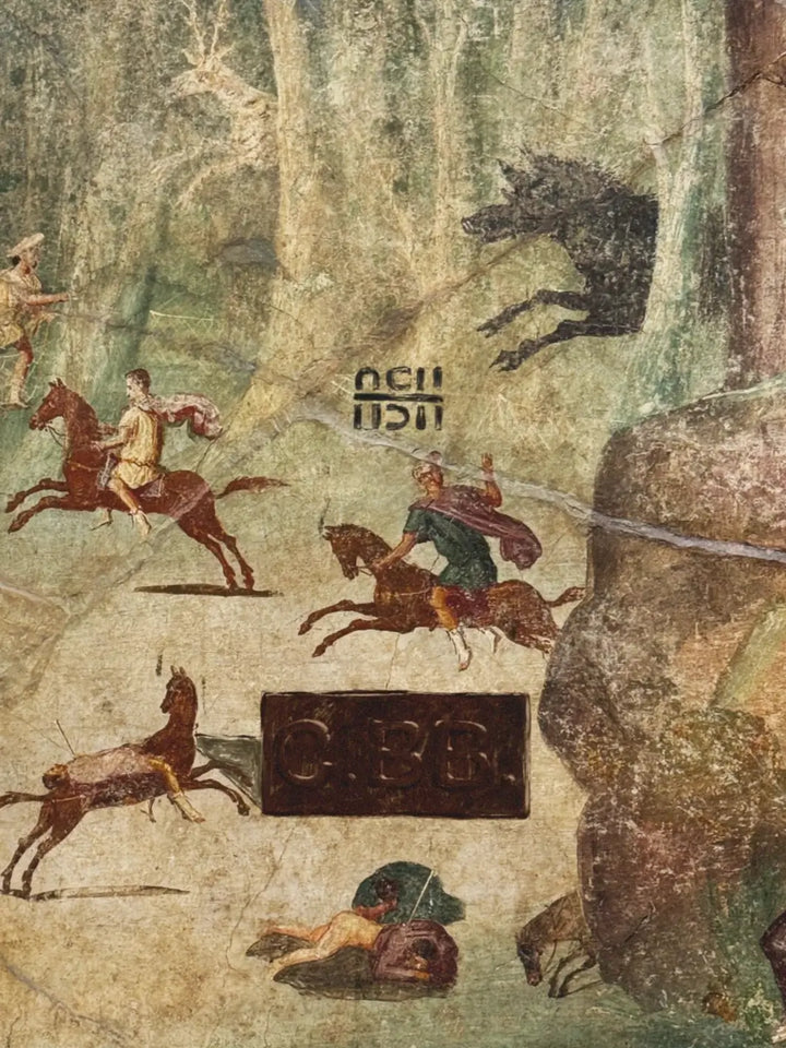A Roman-style fresco depicting a forest hunt with figures on horseback and a wild boar, overlaid with a graphic featuring the Ash Hotelier logo and a dark rectangle referencing the Sea Salt 70% - Ash Chocolate Bar from Casa Bosques | Twentyseven Toronto