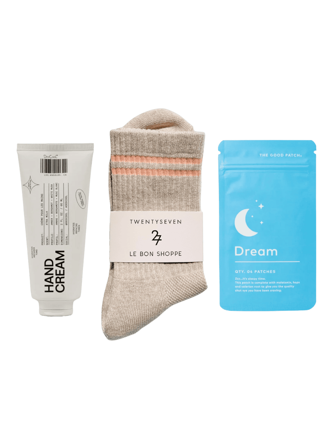 Self Care Ritual Bundle - Le Bon Shoppe x Twentyseven Socks, The Good Patch Dream Patch 4 Pack, Dedcool XTRA Milk Hand Cream | Twentyseven Toronto