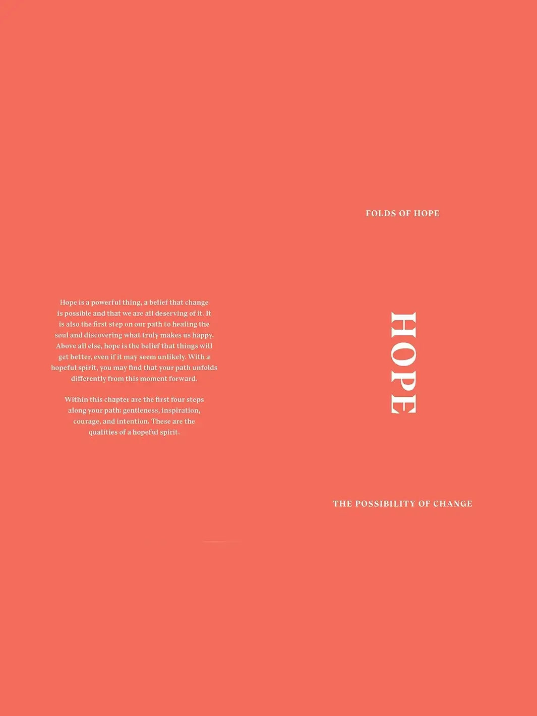 Orange book spread from Senbazuru: One Thousand Steps To Happiness, Fold By Fold by Michael James Wong features a reflective passage on "Hope" and the "Possibility of Change." | Twentyseven Toronto