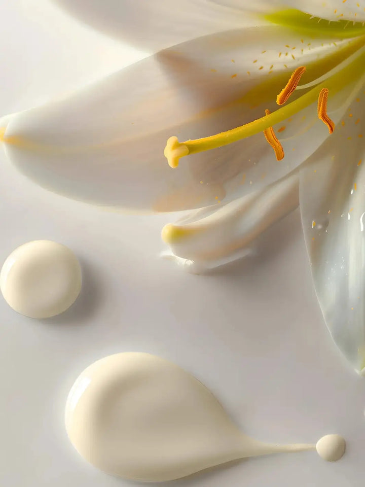 White lily flower with Leonor Greyl 'Serum de Soie Sublimateur' texture droplets on a white background | Twentyseven Toronto