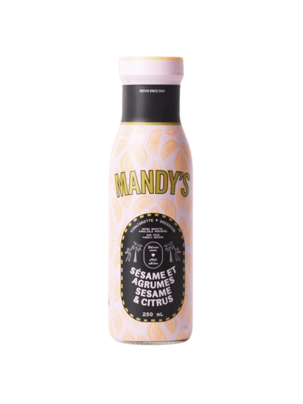 A 250 mL glass bottle of Mandy's Sesame Citrus dressing features a light pink, citrus-printed wrap label with a black central crest reading "Sésame et Agrumes / Sesame & Citrus" | Twentyseven Toronto