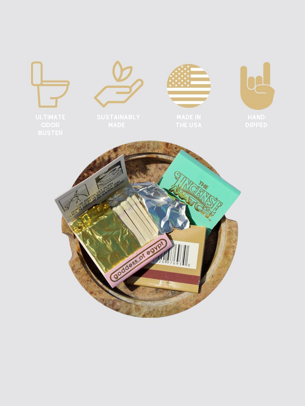 1. The Incense Match books and incense matches displayed with icons for odour control, sustainable materials, made in the USA and hand-dipped | Twentyseven Toronto