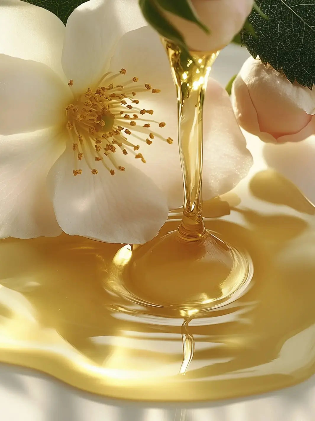 Close-up of a white flower with a droplet of Leonor Greyl 'Shampooing au Miel' gold liquid with plants in the background | Twentyseven Toronto