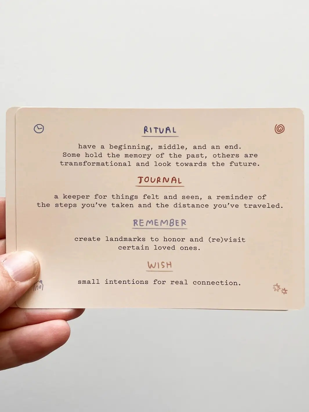 An instructional card from the Sitting With Sadness Deck from People I've Loved defines the categories of Ritual, Journal, Remember, and Wish used throughout the deck | Twentyseven Toronto