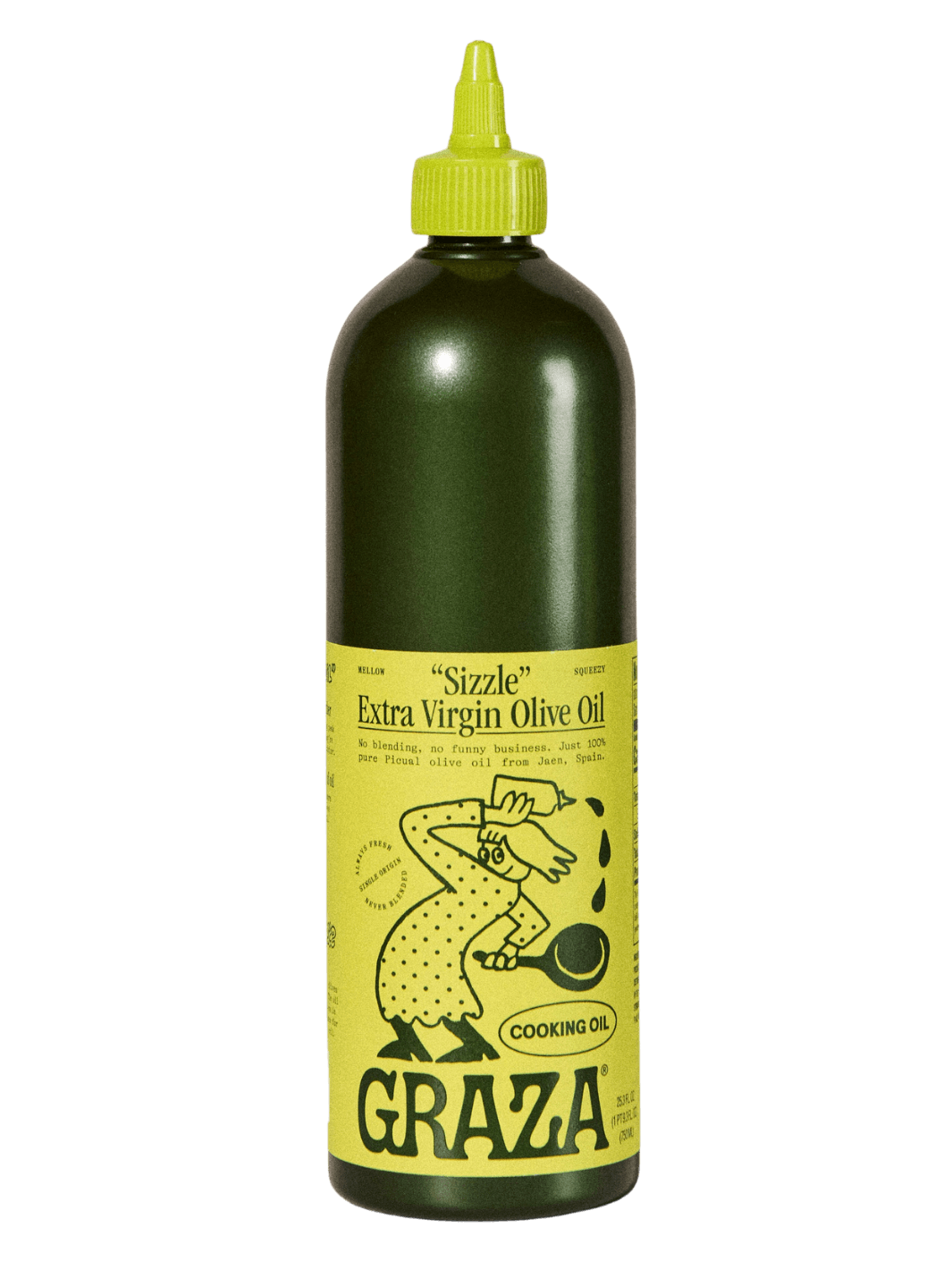 750ml bottle of Graza 'Sizzle' Extra Virgin Olive Oil with a green label and yellow cap on a transparent background | Twentyseven Toronto