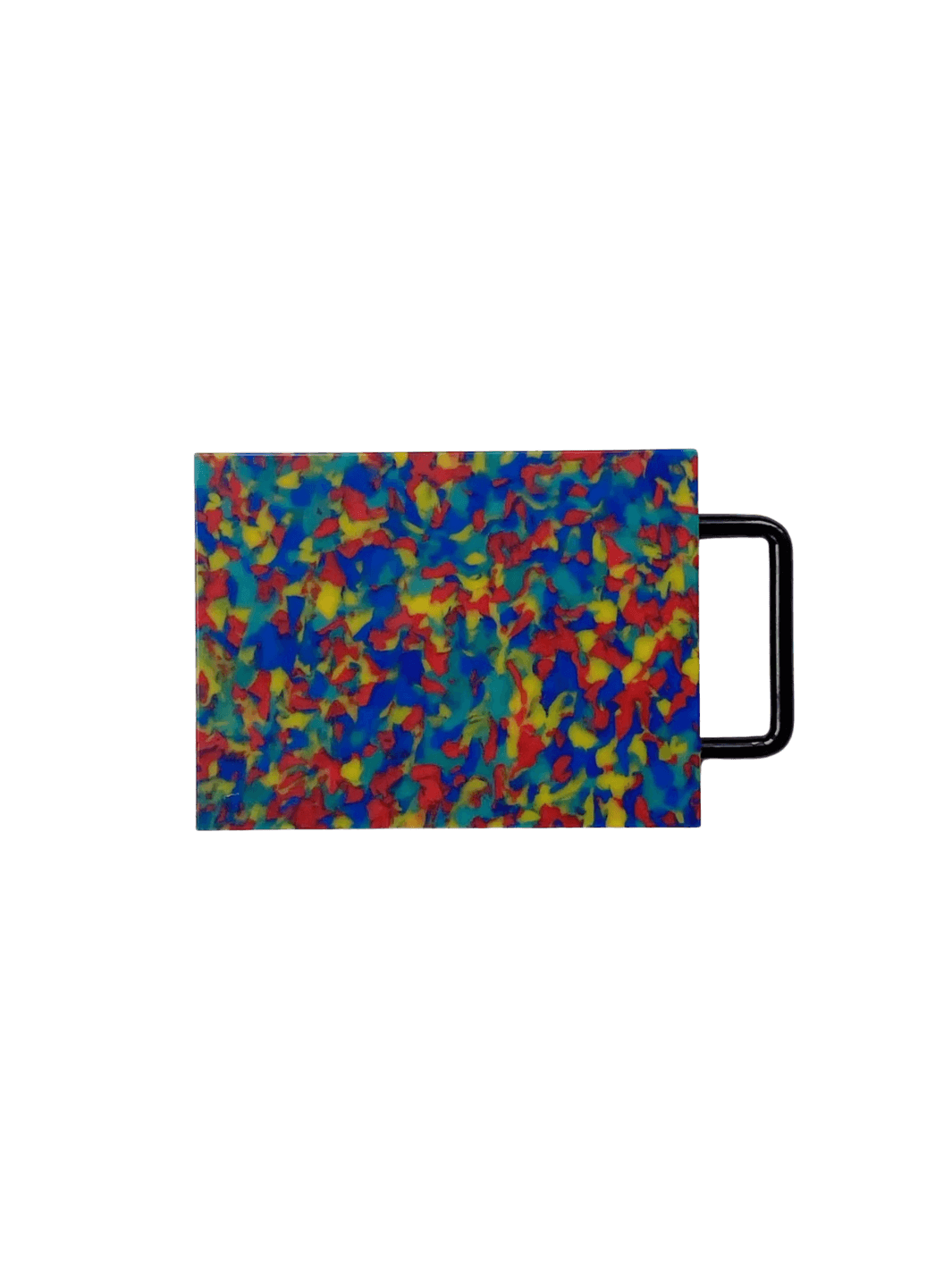 Fredericks and Mae Small Cutting Board - Rainbow featuring a vibrant, multi-colored speckled pattern and a black metal handle | Twentyseven Toronto