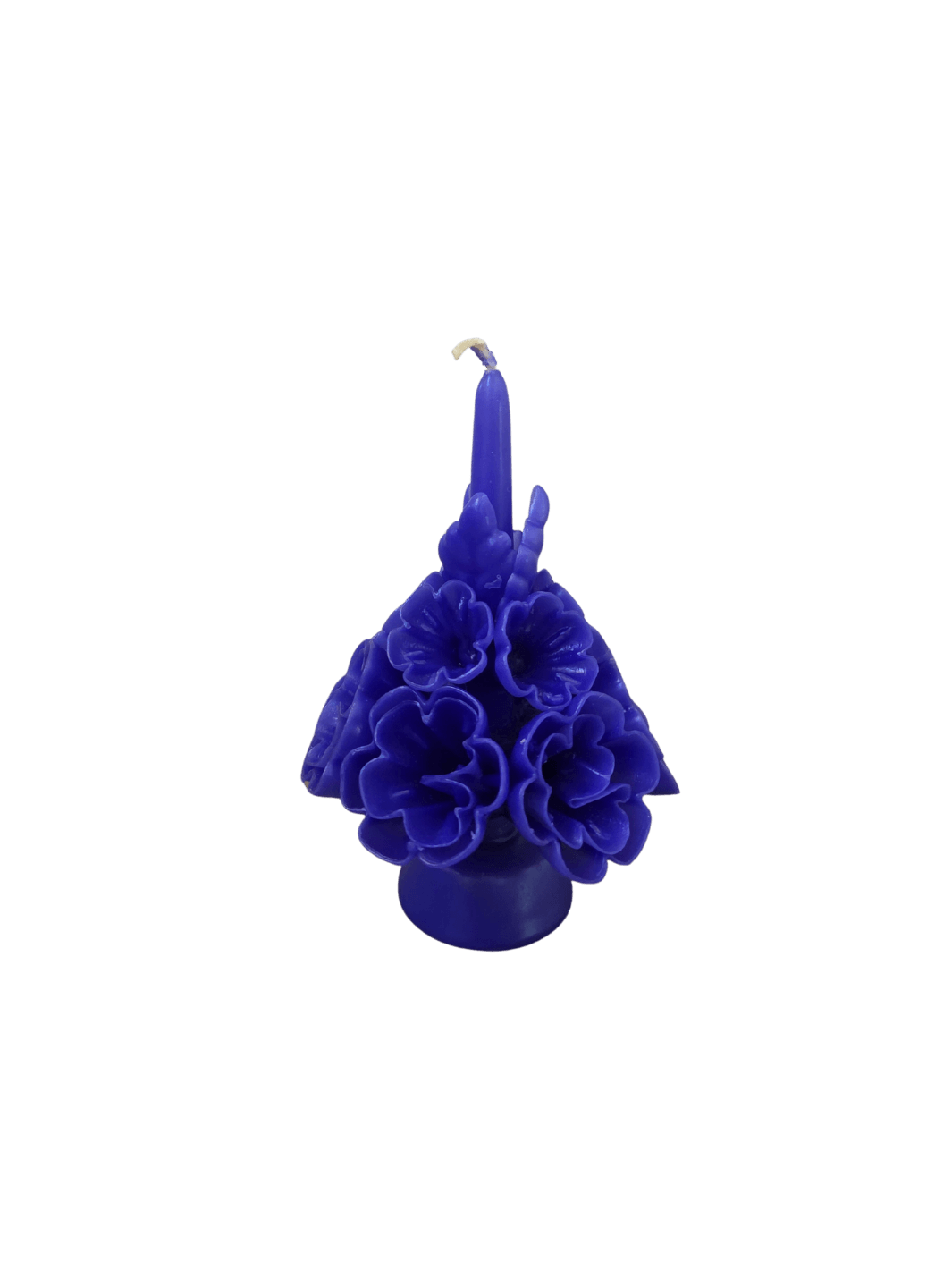Floral wax candle called the Small Flaked Candle in Blue from Cereria de Jesus against a transparent background | Twentyseven Toronto