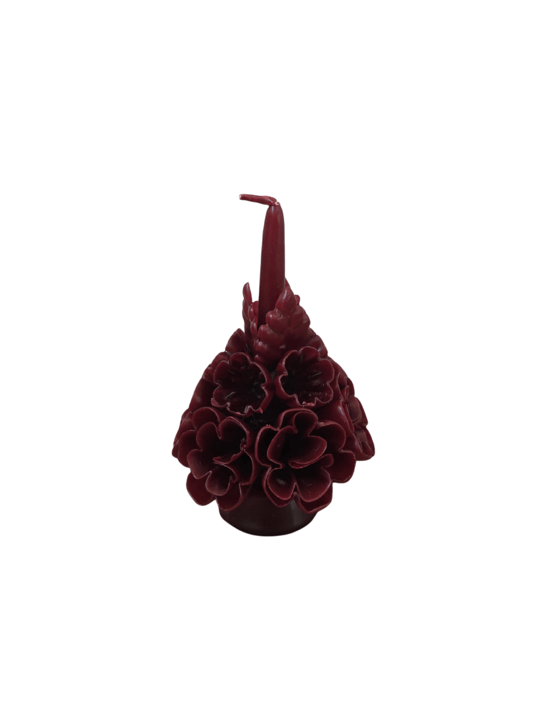 Dark red floral wax candle called the Small Flaked Candle in Burgundy from Cereria de Jesus against a transparent background | Twentyseven Toronto