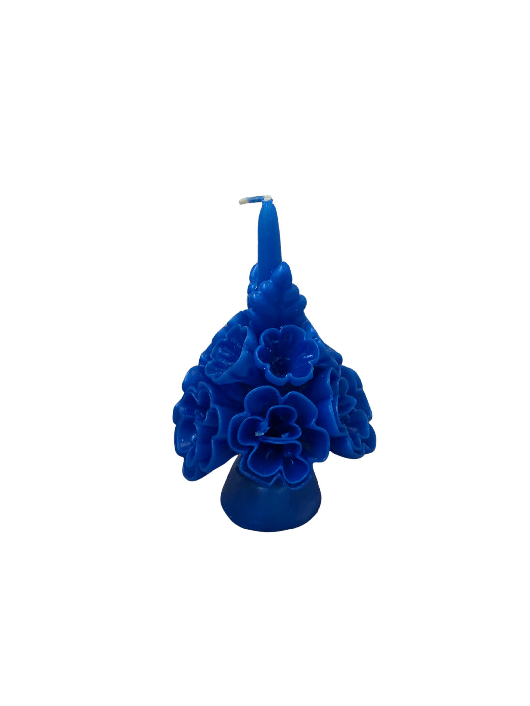 Vibrant blue floral wax candle called the Small Flaked Candle in Indigo from Cereria de Jesus against a transparent background | Twentyseven Toronto