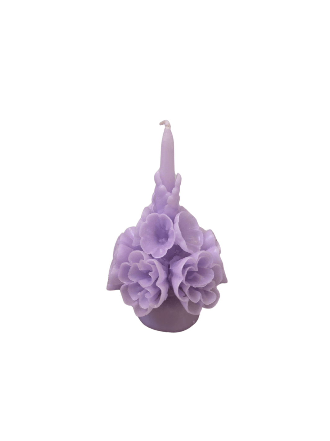 Light purple floral wax candle called the Small Flaked Candle in Lilac from Cereria de Jesus against a transparent background | Twentyseven Toronto