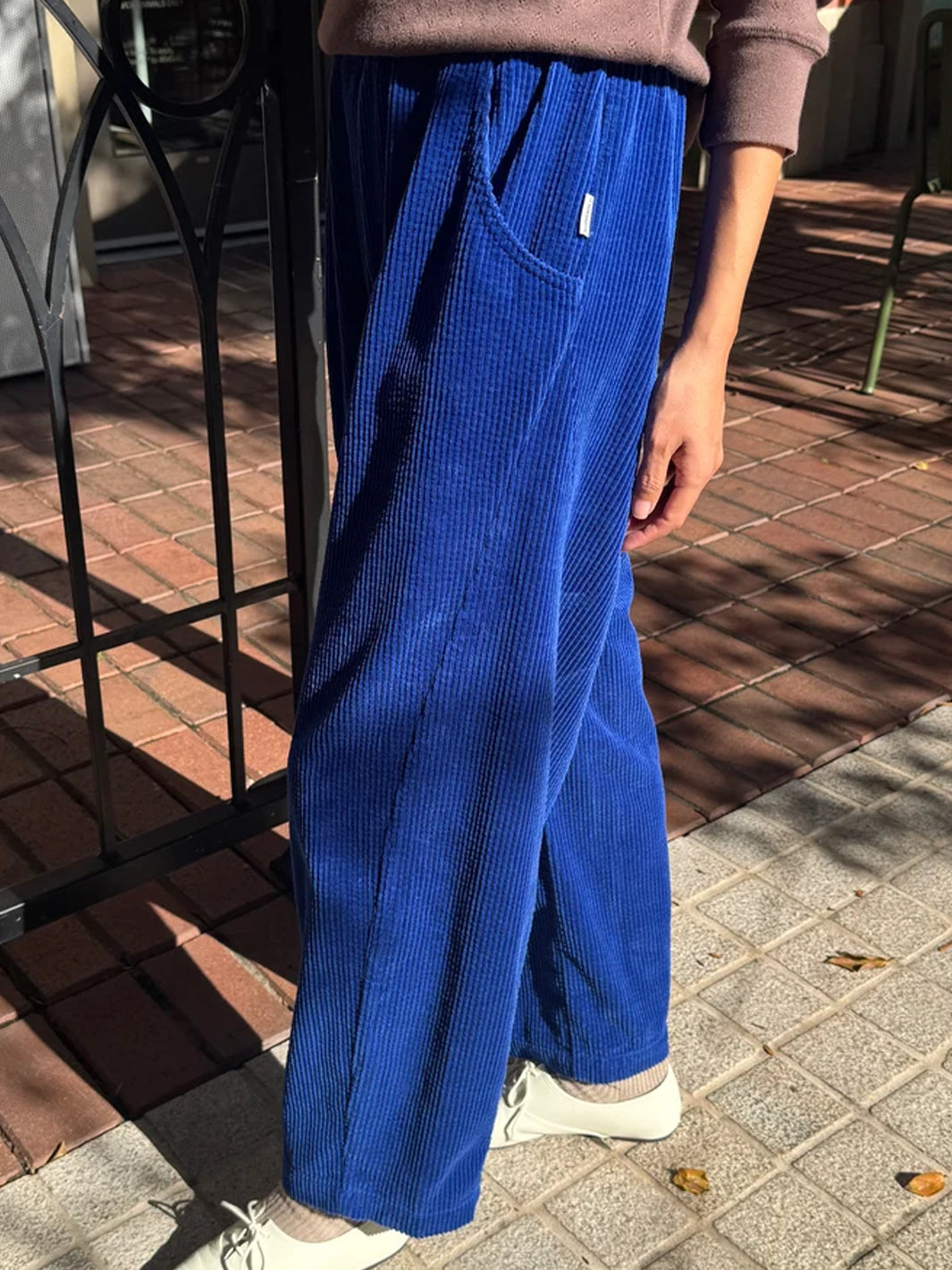 Le Bon Shoppe Soft Corduroy Arc Pants in Cobalt worn outdoors, showing side pocket and curved leg | Twentyseven Toronto