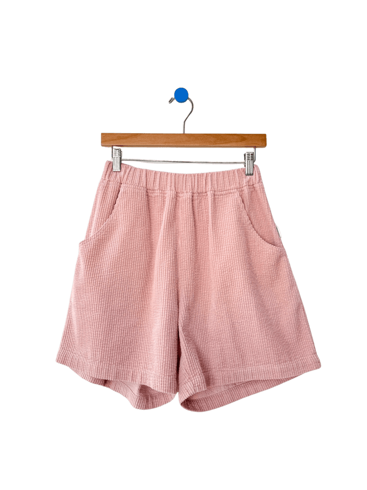 Pink 'Soft Corduroy City Shorts' in 'Baby Pink' on a hanger against a transparent background | Twentyseven Toronto