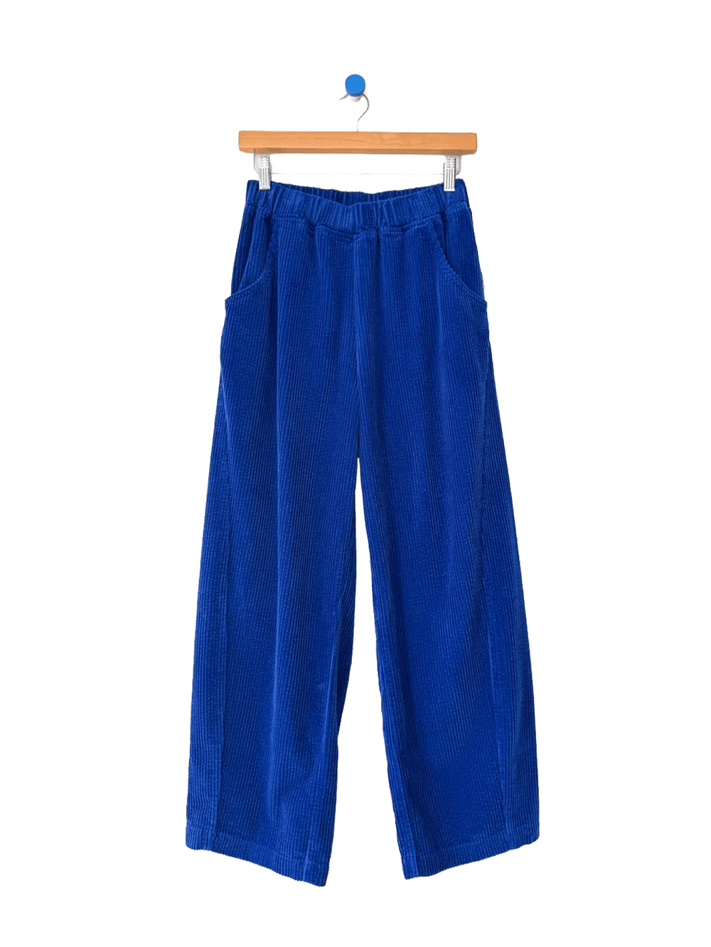 Le Bon Shoppe Soft Corduroy Arc Pants in Cobalt on wooden hanger, front view | Twentyseven Toronto