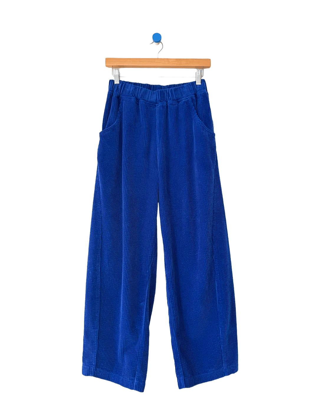 Le Bon Shoppe Soft Corduroy Arc Pants in Cobalt on wooden hanger, front view | Twentyseven Toronto