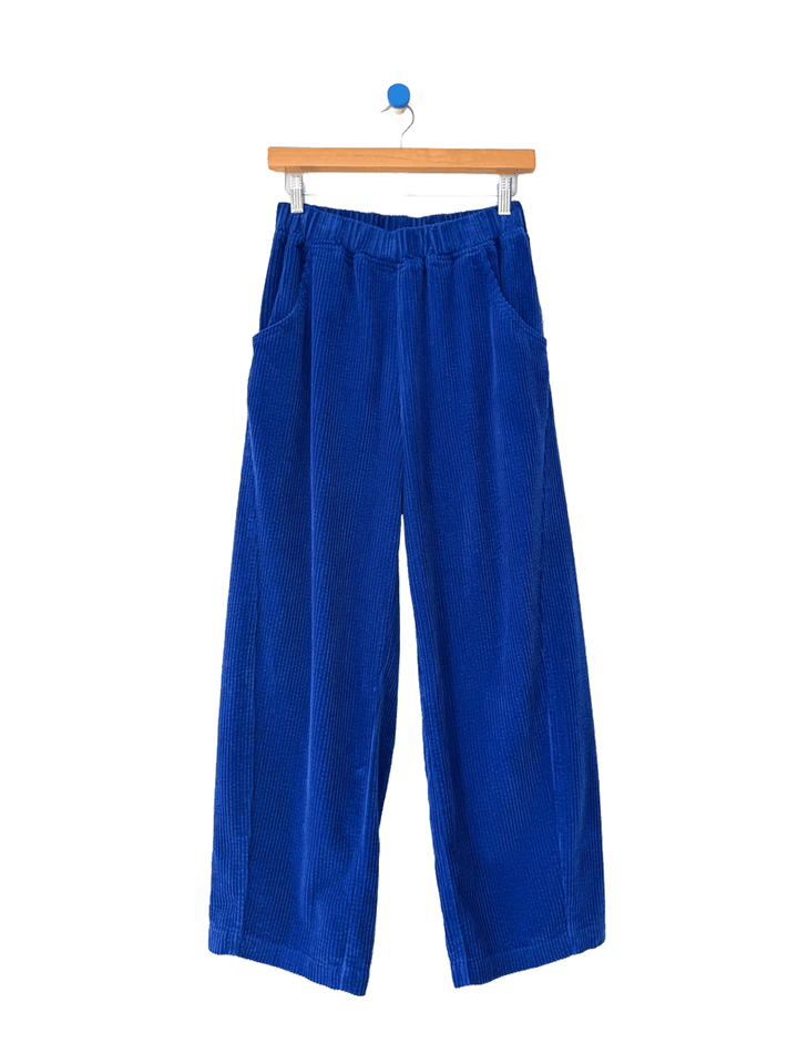 Le Bon Shoppe Soft Corduroy Arc Pants in Cobalt on wooden hanger, front view | Twentyseven Toronto