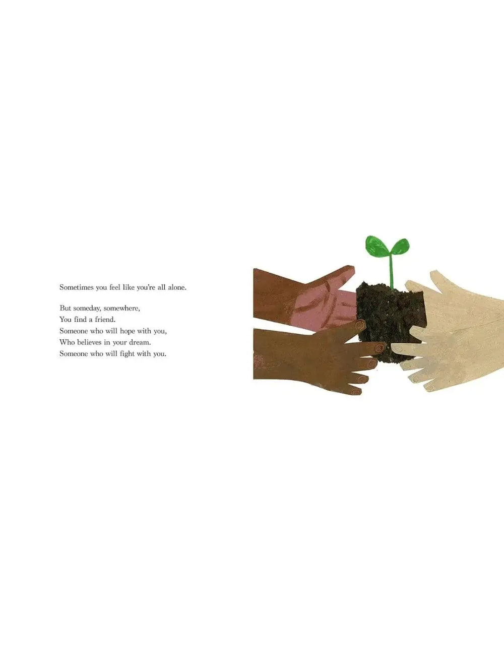 An illustration from Something, Someday by Amanda Gorman, Christian Robinson depicting four diverse hands coming together to plant a small green sprout in dark soil alongside inspirational text | Twentyseven Toronto