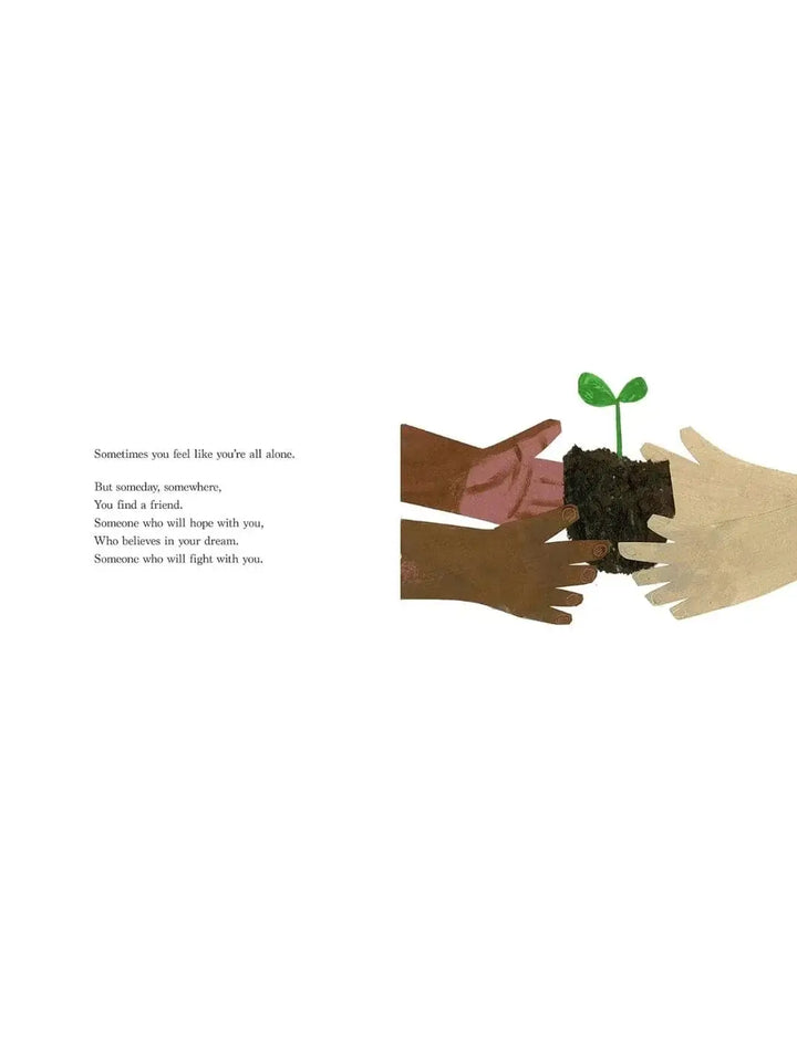 An illustration from Something, Someday by Amanda Gorman, Christian Robinson depicting four diverse hands coming together to plant a small green sprout in dark soil alongside inspirational text | Twentyseven Toronto