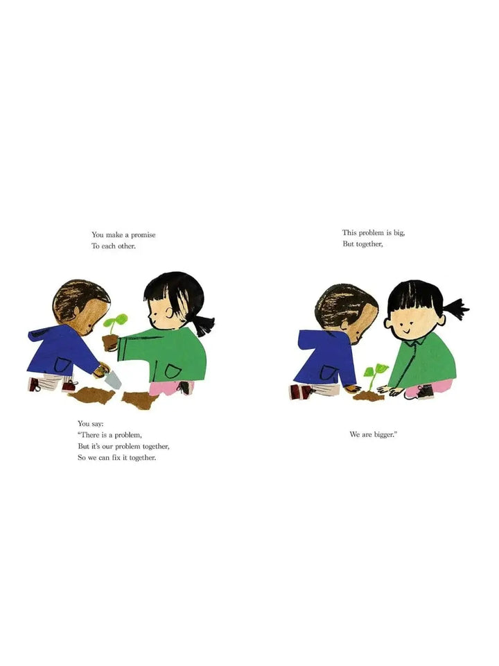An illustration from Something, Someday by Amanda Gorman, Christian Robinson showing two young children working together to dig in the dirt and plant a small green seedling | Twentyseven Toronto