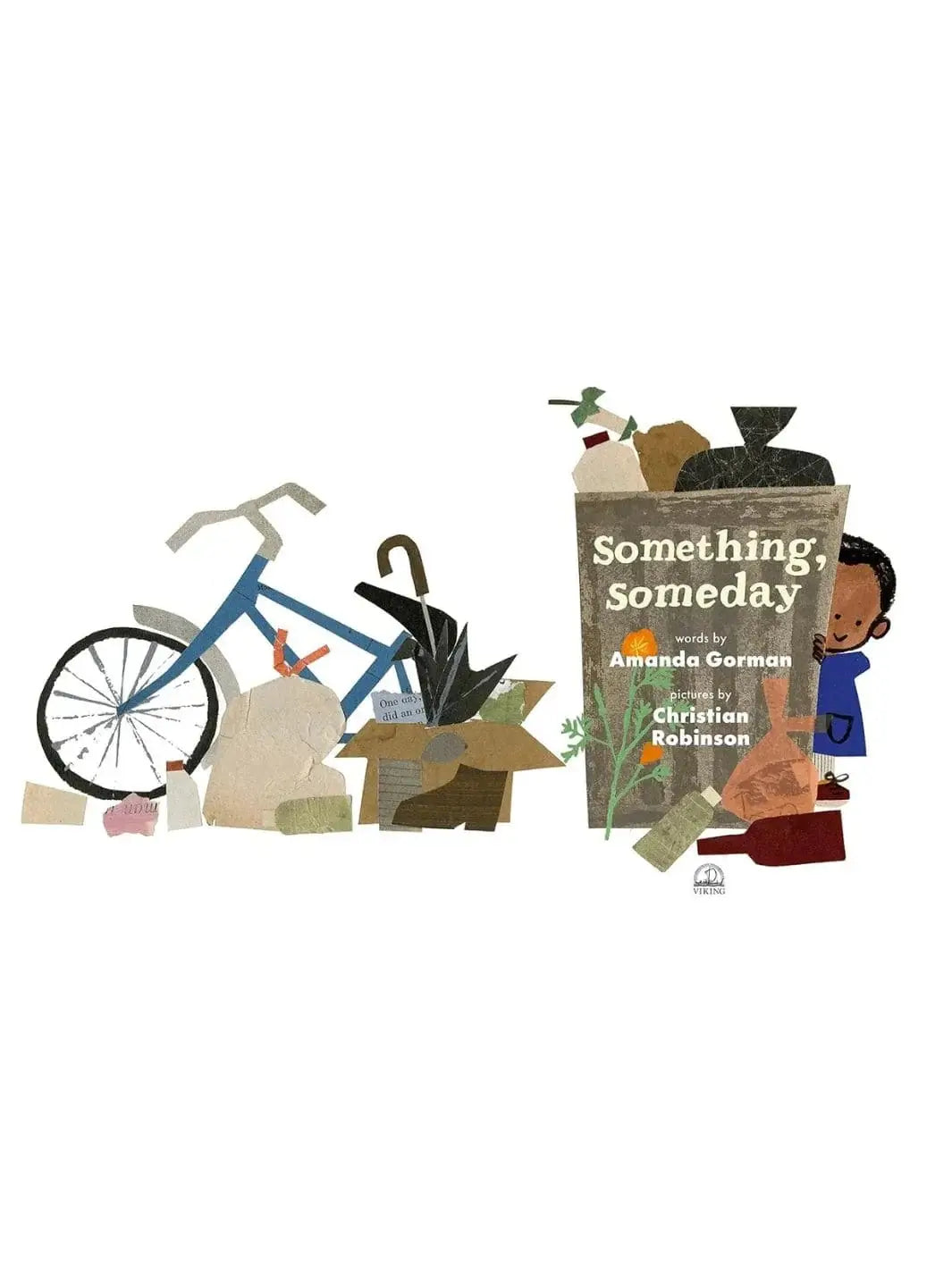 Illustration of Something, Someday by Amanda Gorman, Christian Robinson featuring a young child peeking out from behind a large trash can next to a pile of discarded items and a blue bicycle | Twentyseven Toronto